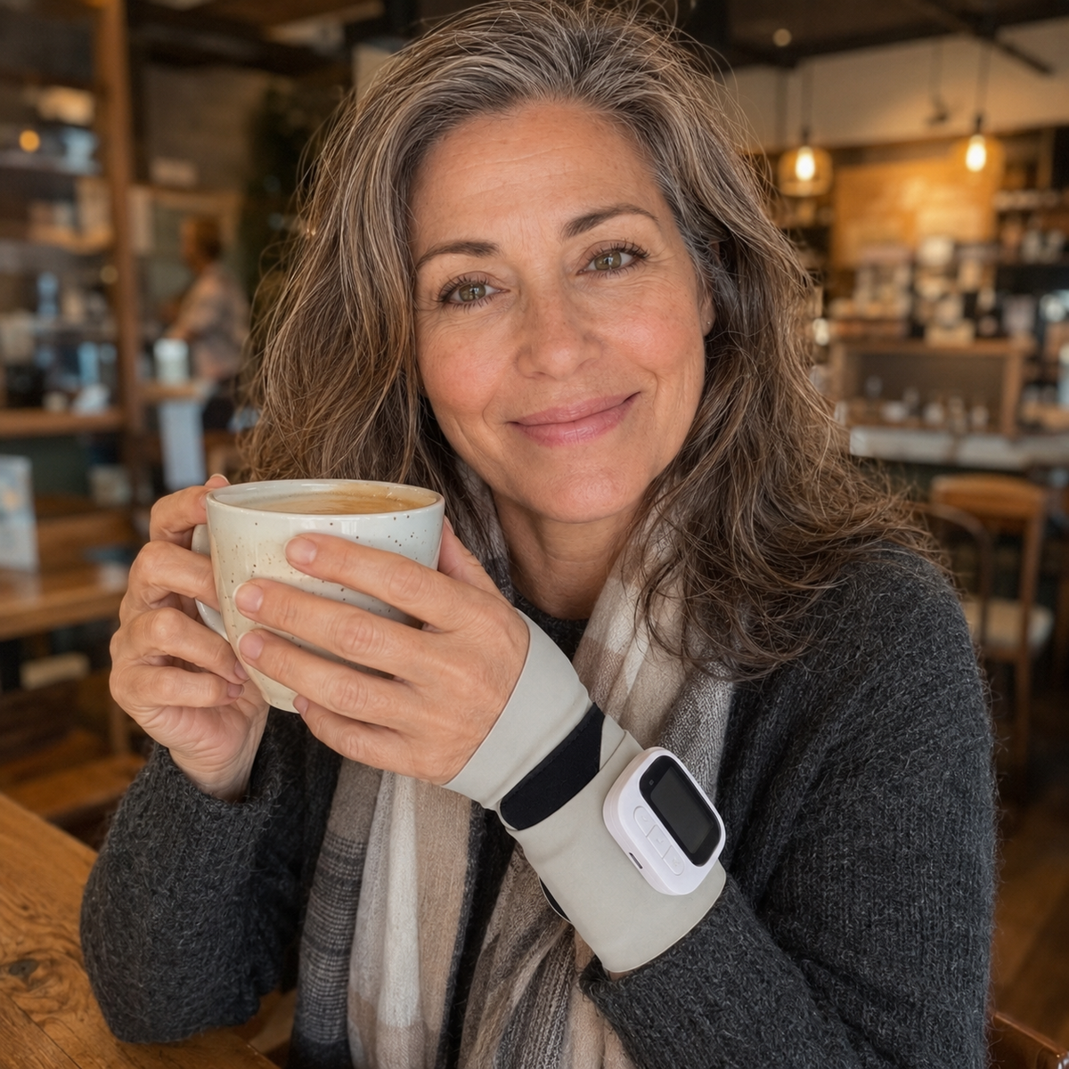 Mujer con TheraPulse en la muñeca tomando un café